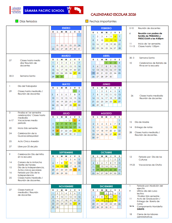 school calendar 2026 samara pacific school